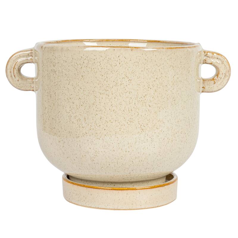 Stoneware Face Planter with Reactive Glaze, Handles, and Saucer - 8.3"L x 6.1"W x 5.8"H