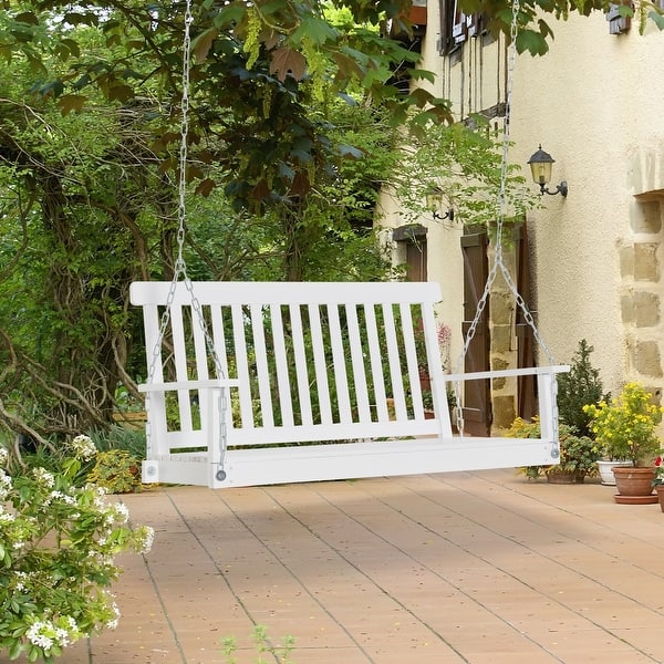 slide 1 of 9, Outsunny 2-Seater Outdoor Patio Porch Swing Chair Seat with Slatted Build, Hanging Chains, Fir Wooden Design, White white