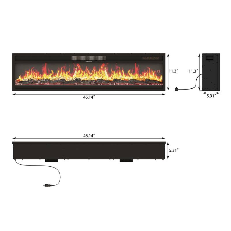 Modern Black Fireplace TV Stand Combo,Remote Fireplace Heater,2 Drawers,Light Strip & USB