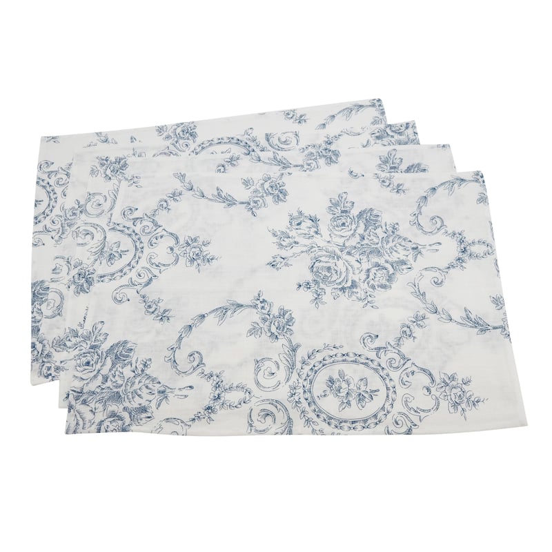 Toile Linen-Blend Placemats (Set of 4) - Vintage Floral Print for Dining Tables & Layered Place Settings, 14"x20"