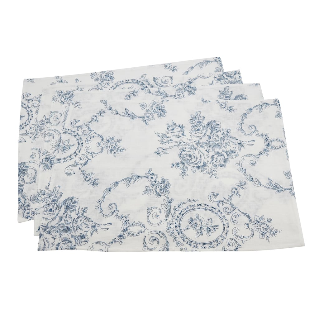 Toile Linen-Blend Placemats (Set of 4) - Vintage Floral Print for Dining Tables & Layered Place Settings, 14"x20"