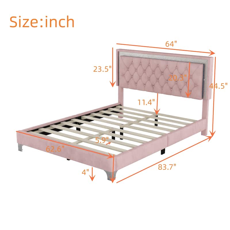 Queen Size Upholstered Bed Frame with LED Lights