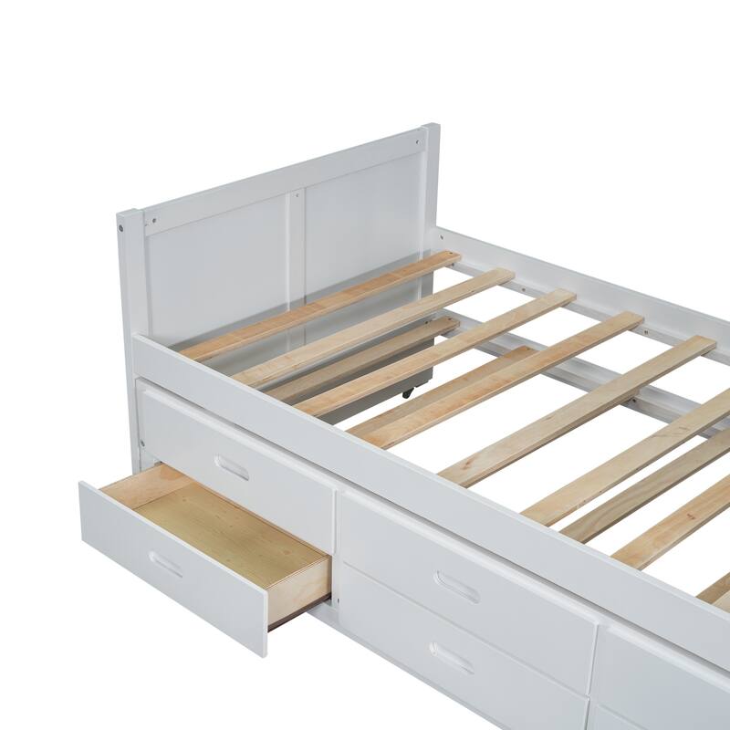 Twin Size Multifunctional Wood Platform Bed with Built-in Desk, Trundle, Storage Shelf, and 3 Drawers for Space-Saving