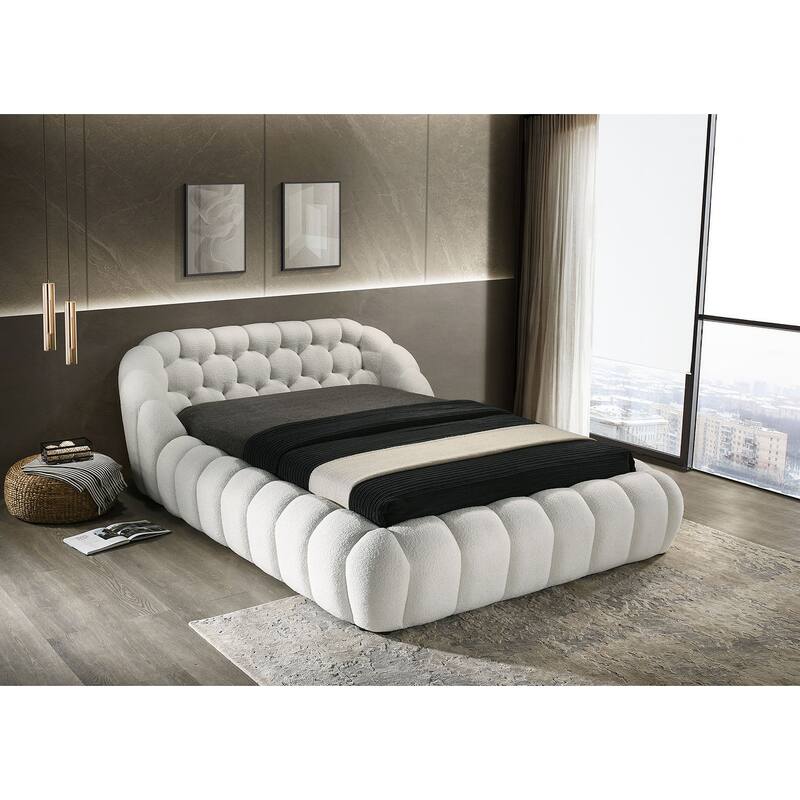 Classic White Finish Fully Upholstered 1PC Platform Bed