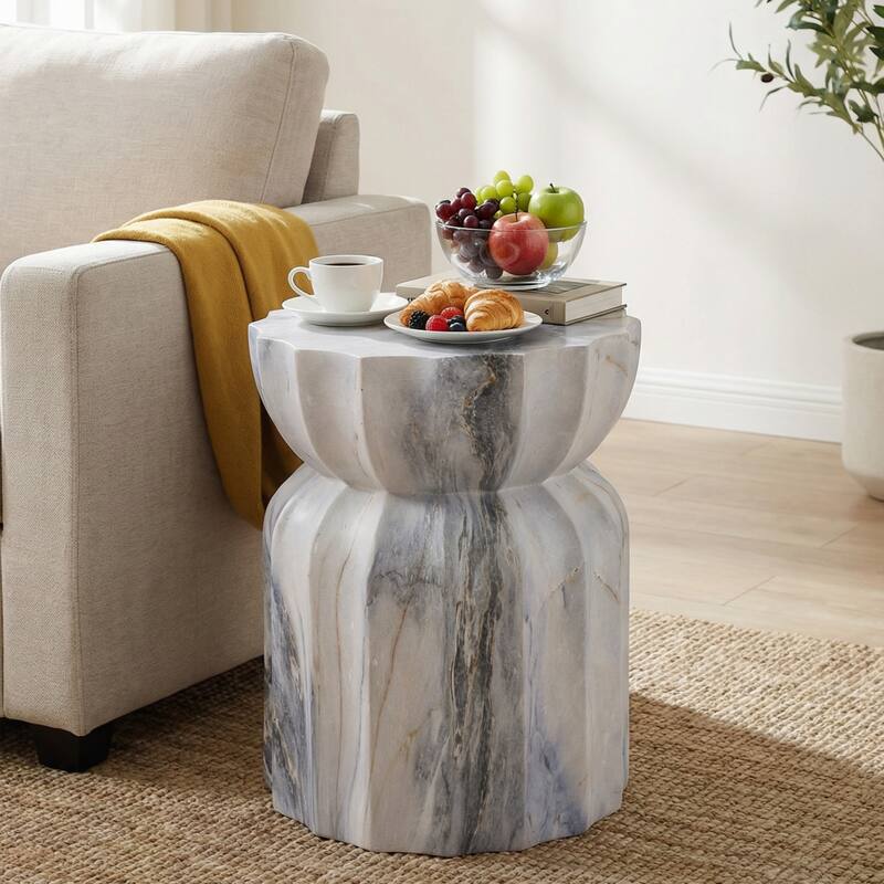 Christopher Knight Home - Modern Outdoor Lightweight Concrete Accent Side Table with Fluted Sculptural Hourglass Design - Blue+Marble