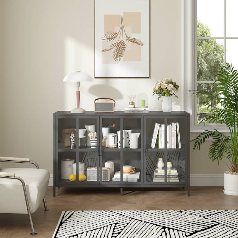 Berlinde 33.52-inch Black Three Door Metal Sideboard with Clear Doors - 55.2