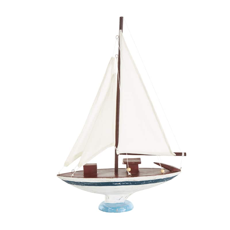 White Wood Distressed Sail Boat Decorative Sculpture with Brown Wood and Beaded Accents