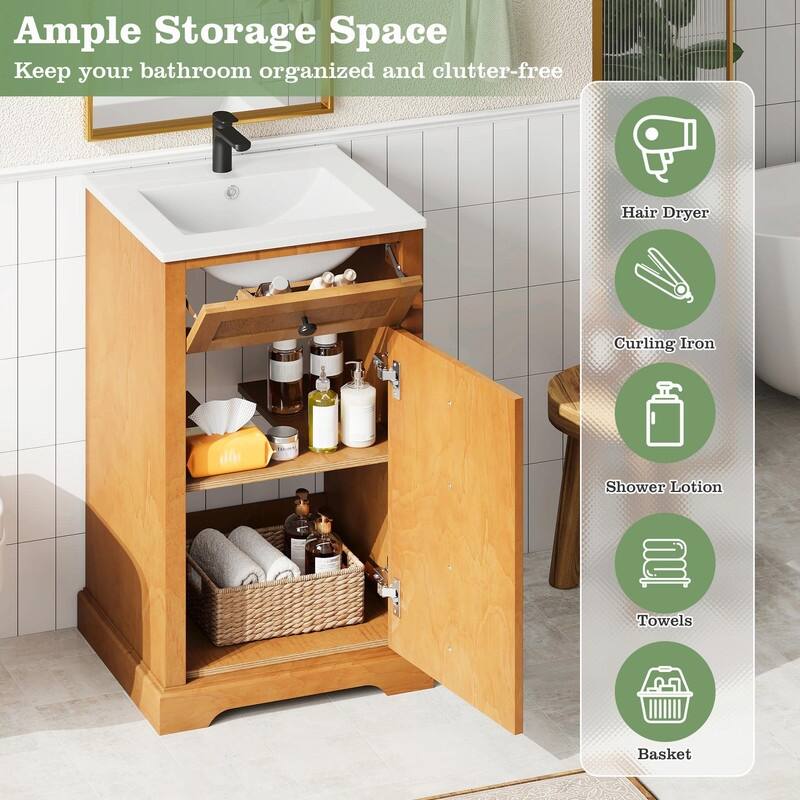 20" Bathroom Vanity with Integrated Ceramic Sink, Cabinet with Soft-Close Door and Solid Wood Bottom Frame