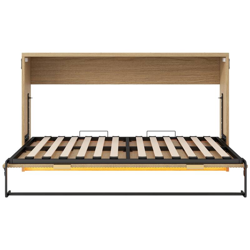 Twin XL Size Murphy Bed Cabinet with LED Light, Solid Wood Murphy Cabinet Bed, Metal Wall Bed Frame, No Box Spring Needed