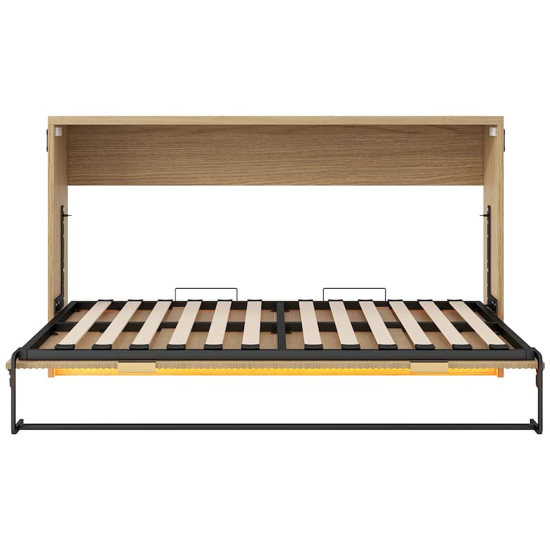 Twin XL Size Murphy Bed with Bottom LED Light, Foldable into Cabinet, Natural