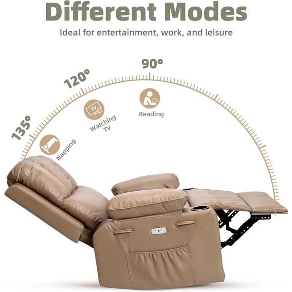 dimension image slide 8 of 15, Oversized power recliner with heat, massage, 360 degrees swivel, and cup holder.