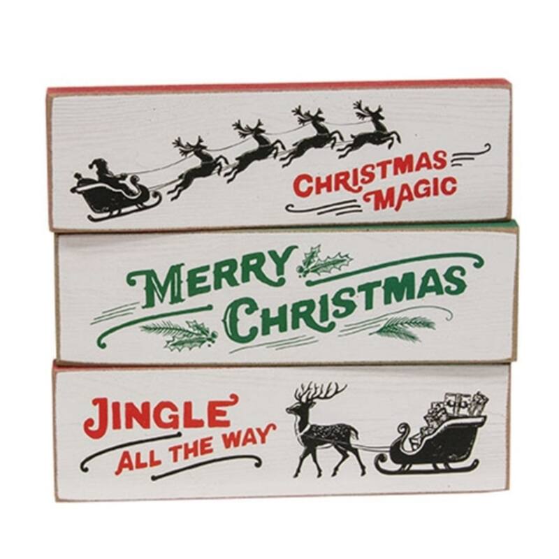 Christmas Magic Thin Wood Blocks for Shelf Display - 3 Asstd. - 5" x 0.50" x 1.50" - White-Green-Red-Black