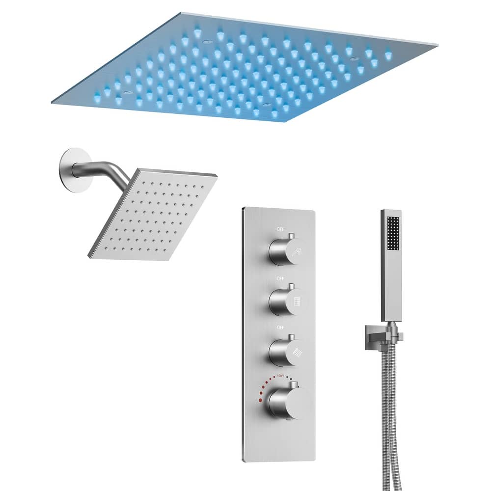 Dual LED Shower Head 12" Rainfall & 6" High Pressure Shower System w/ 4 Way Thermostatic Shower Faucet Set