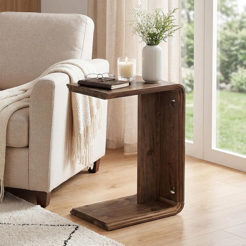 C-Shaped Solid Wood End Table for Living Room, Small Space, Easy Assembly