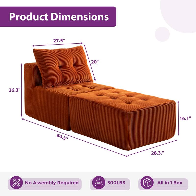 Modular Sectional Corduroy Chaise Lounge - 64.5"D x 28.3"W x 26.3"H