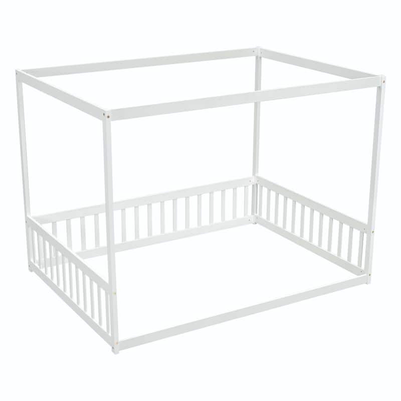 Canopy Frame Floor Bed with Fence and Guardrails