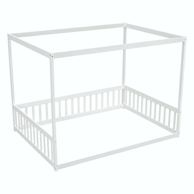 Full Size Canopy Frame Floor Bed with Fence, Guardrails,Natural