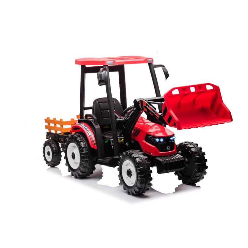 Kids 24V Ride-On Pedal Tractor with Working Loader and Backhoe Digger - Electric Car Toy with Trailer for Toddlers (Red)