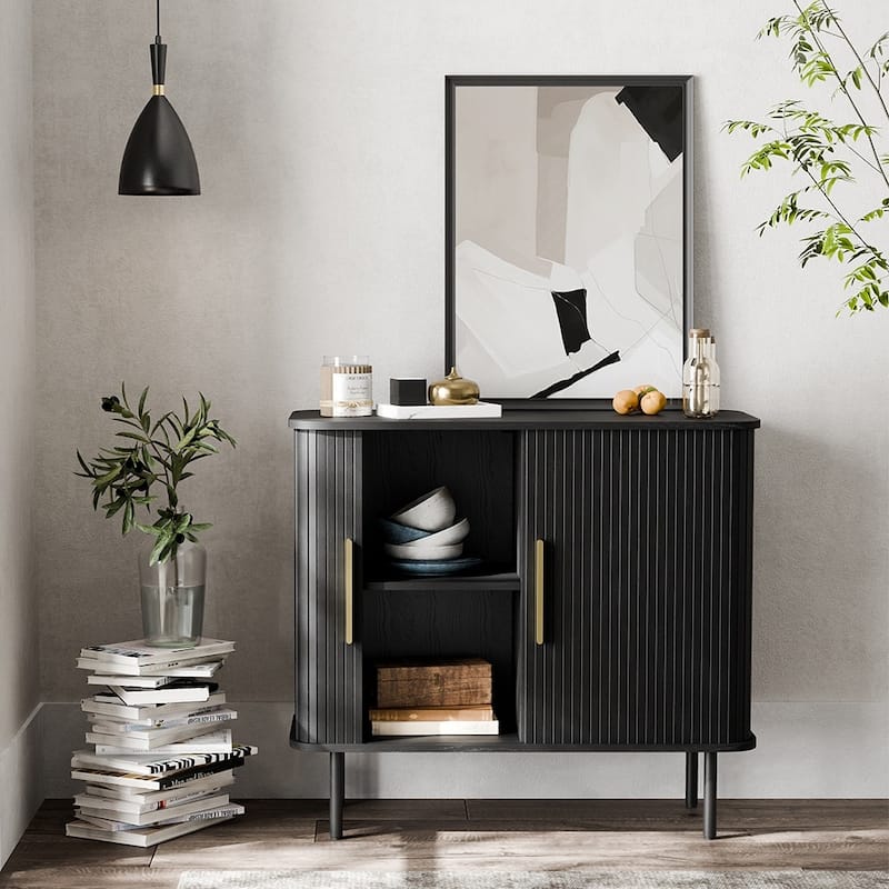 Tambour Door Accent Cabinet Modern Sideboard Buffet Cabinet, Black - Set of 1