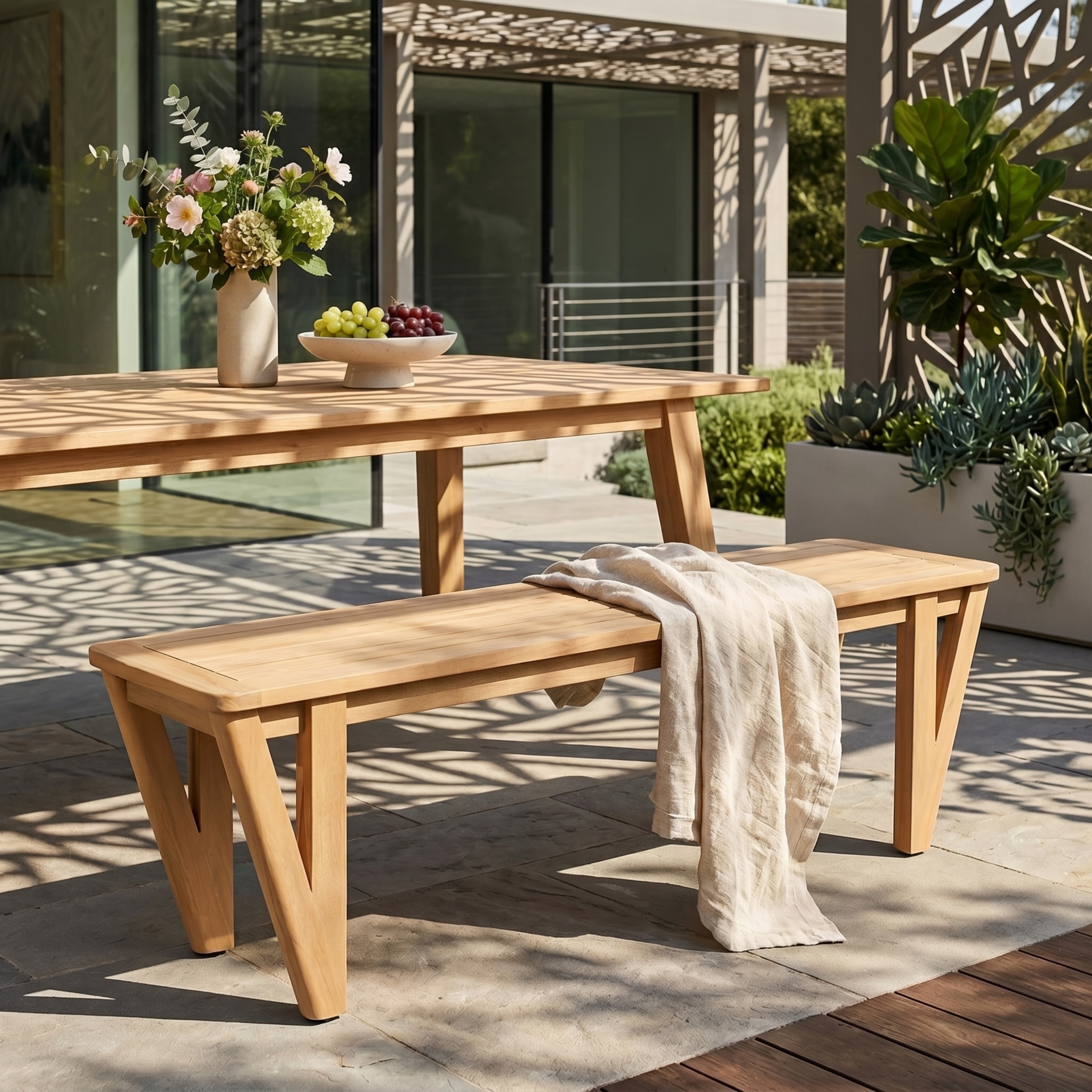 Christopher Knight Home - Eno Farmhouse Outdoor Dining Bench, Acacia Wood Frame with V-Shaped Legs & Wooden Slatted Seat