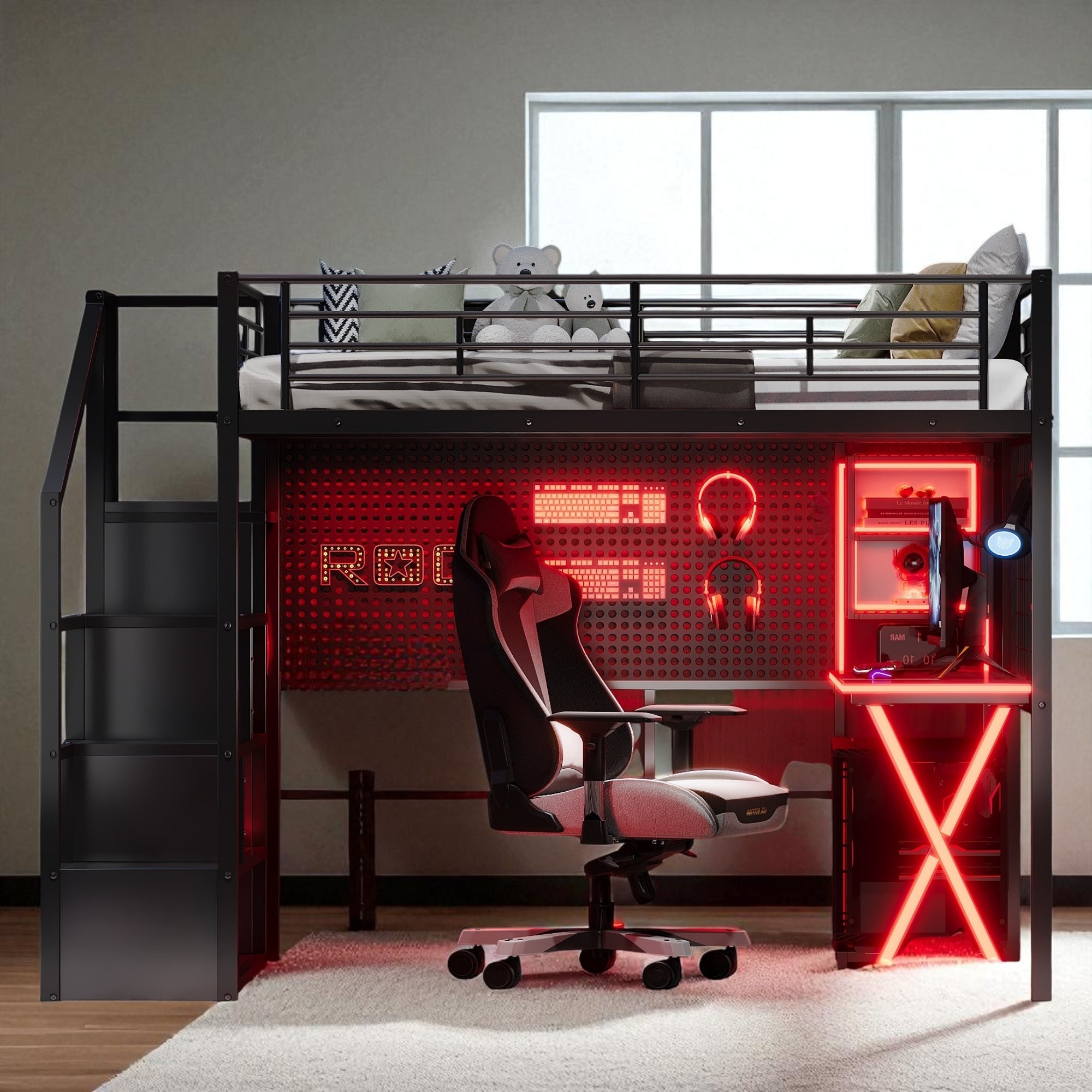 Full Size Metal Loft Bed with Desk, Wardrobe, Storage Staircase & LED Light - Space-Saving Workstation Bunk