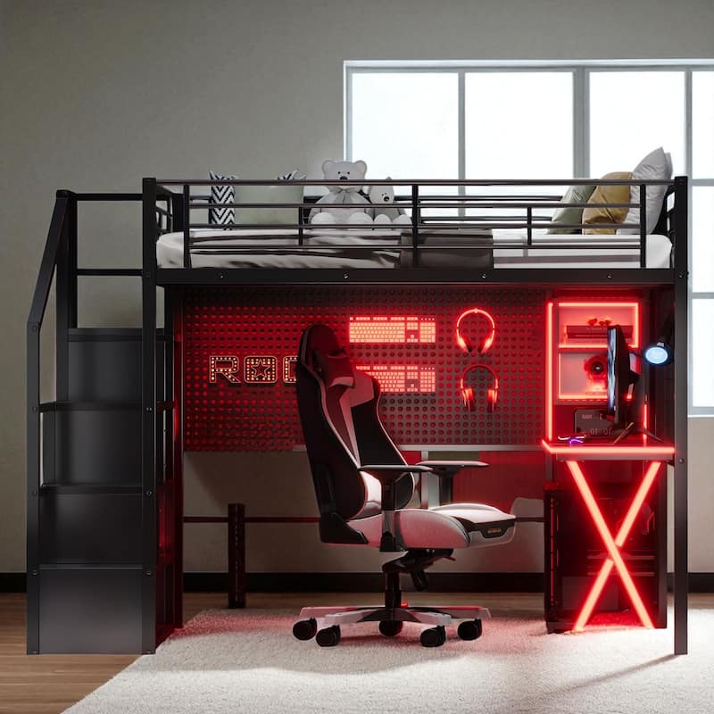 Full Size Metal Loft Bed with Desk, Wardrobe, Storage Staircase & LED Light - Space-Saving Workstation Bunk - Black - Full