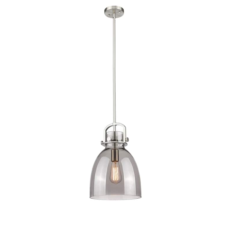 Innovations Lighting Newton Bell - 1 Light 10" Stem Hung Pendant - Satin Nickel/Light Smoke