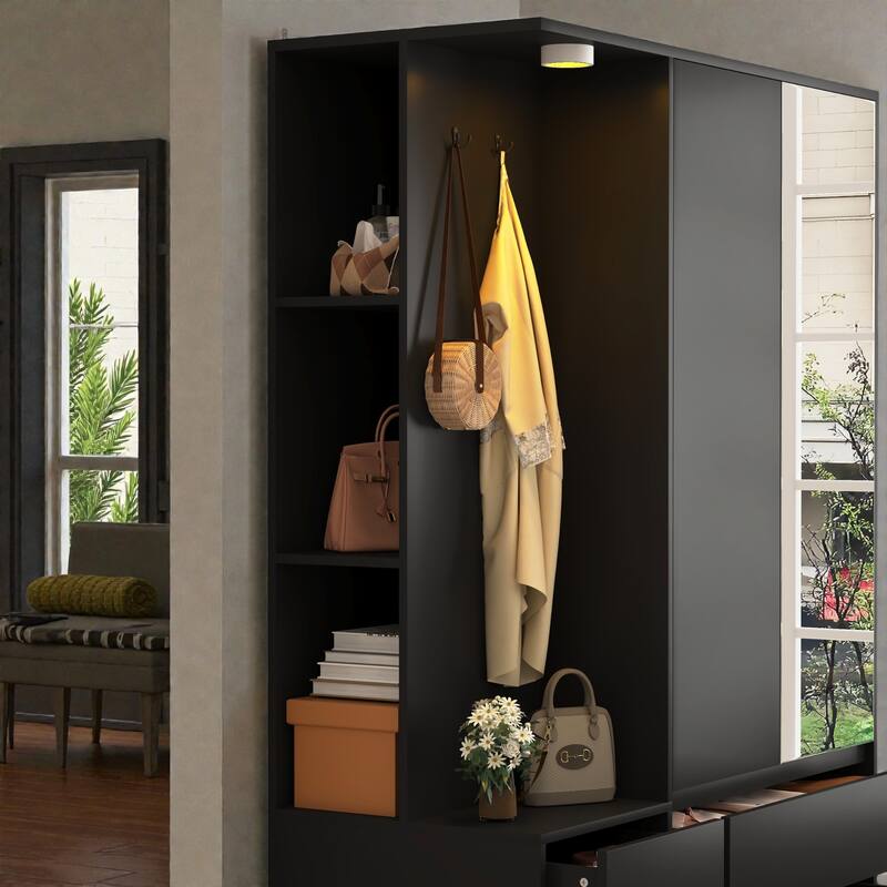 71.7 Inch Wooden Wardrobe Closet with 3 Doors and 2 Drawers, Modern Bedroom Storage Cabinet with Hanging Rail