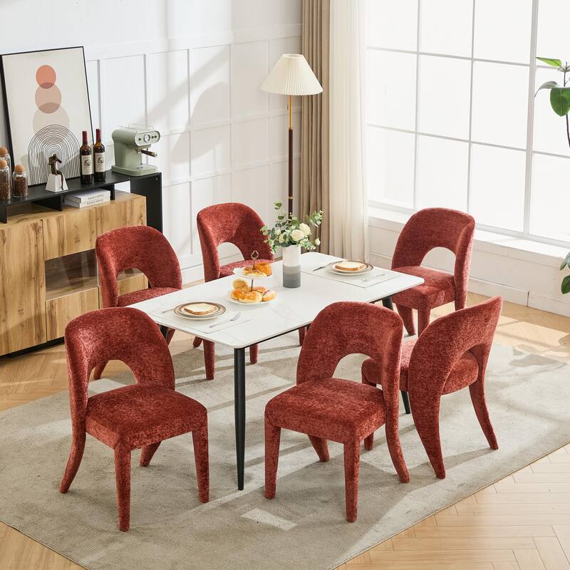 Chenille Dining Chair Set of 2, Armchair with Hollowed-Out Curved Backrest and Iron Chair Legs for Dining Room