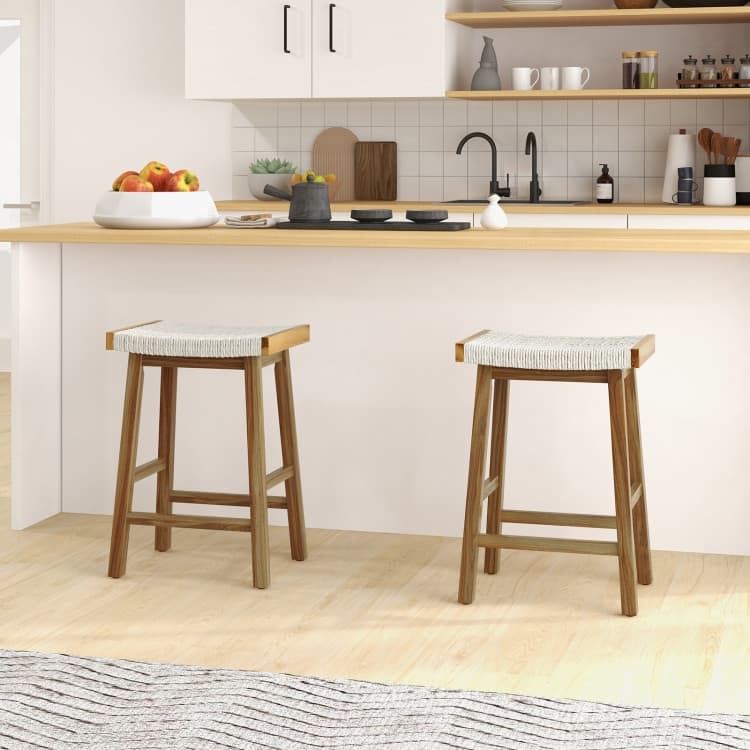 Set of 2 25.5 Inch Dining Bar Stool with Seaweed Woven Seat - 17.5" x 13.5" x 25.5"