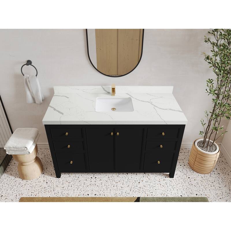 Willow Collections 60 in. W x 22 in. D Chicago Single Bowl Sink Bathroom Vanity with Countertop - 2"Calacatta Laza - Black