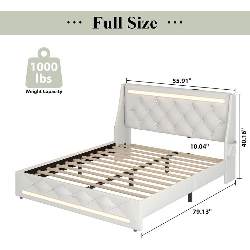 Full Bed Frame with LED Lights, Upholstered Bed Frame with Charging Station, Platform Bed with Diamond Headboard, Wooden Slats