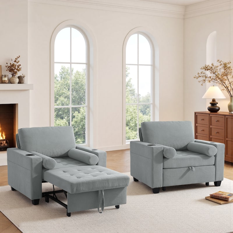 2 Set Convertible Adjustable Lounge 3-in-1 Pull-Out Sleeper Chair Bed - Grey
