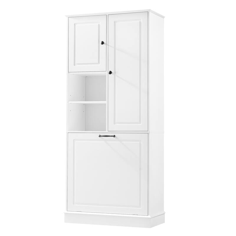 Roomfitters 67" Tall Storage Cabinet with Flip-Out Basket & Adjustable Shelves, MDF Linen Tower for Bathroom & Office