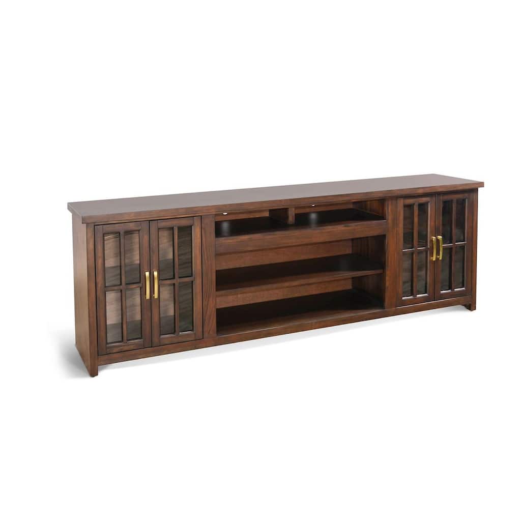 Zeka TV Media Console, 98 Inch w 2 Glass Cabinets, Dark Brown Mahogany