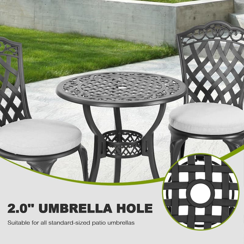 Patio 3-Piece Cast Aluminum Bistro Set with Cushions, Umbrella Hole