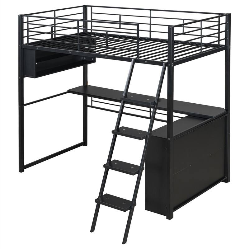 Metal Gaming Loft Bed with LED Light and Bulit-in Desk, Twin/Full Size Loft Bedframe with 4 Storage Shelves and Steps