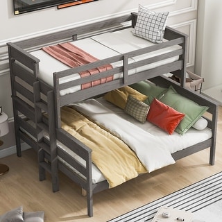 Gray Twin XL over Queen Size Solid Wood Bunk Bed with Ladder & Fence
