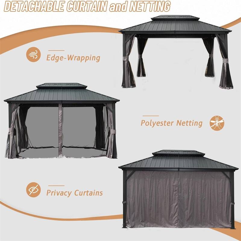 GDFStudio - Madison Outdoor Grove Hardtop Gazebo with Double Roof, Curtains & Netting