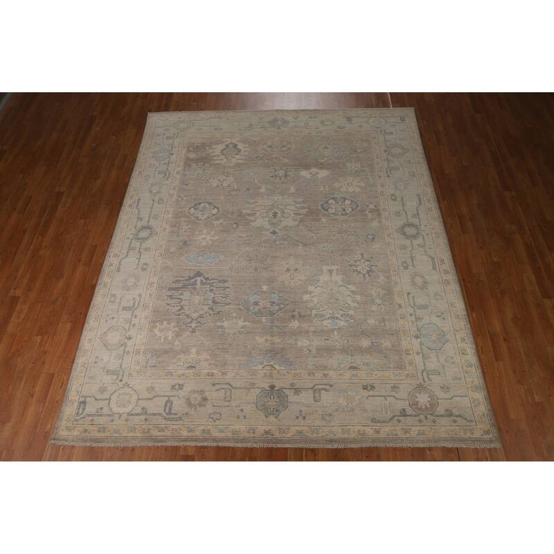 Brown Floral Oushak Turkish Area Rug Hand-Knotted Wool Carpet - 8'1"x 9'10"