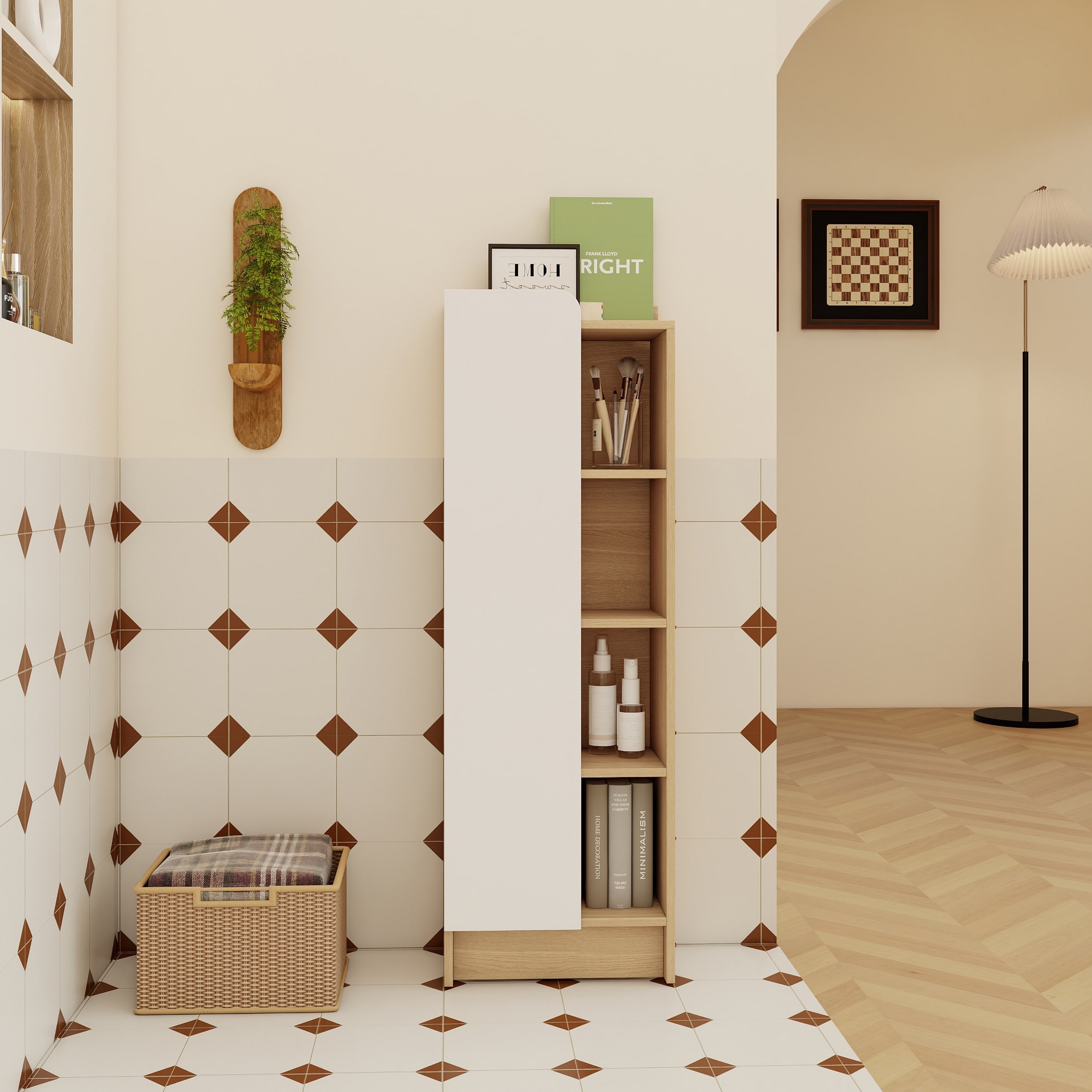 16" Tall Light Oak Freestanding Bathroom Side Cabinet, Narrow Storage Cabinet with Single Door & 4-Tier Open Shelves