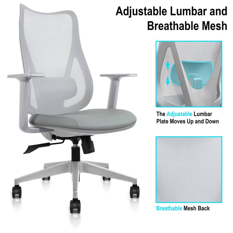 Ergonomic Office Desk Chair | High Back Mesh with Upholstered PU Leather Cushion Seat | Reclining Tilt Adjustable Lumbar Support