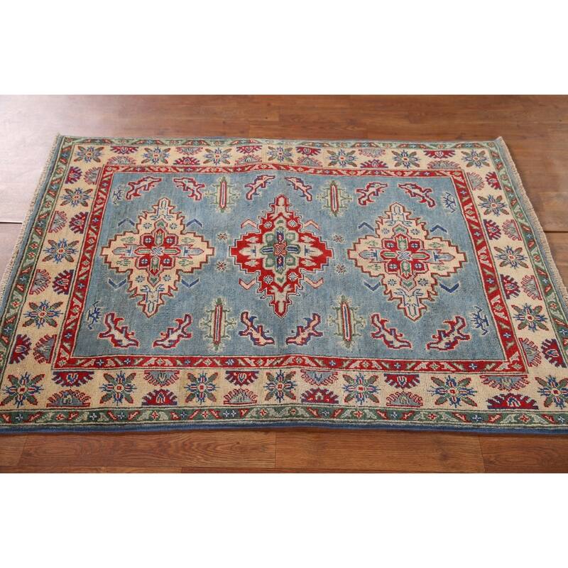 Light Blue Geometric Kazak Oriental Rug Hand-Knotted Wool Carpet - 3'4"x 4'10"