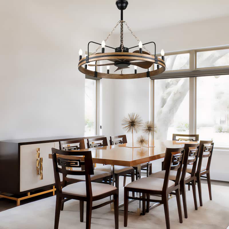 Cusp Barn 36 Inch Rustic Wagon Wheel Ceiling Fan with Light and Remote, Industrial 6 Speeds Fandelier Ceiling Fan for Bedroom