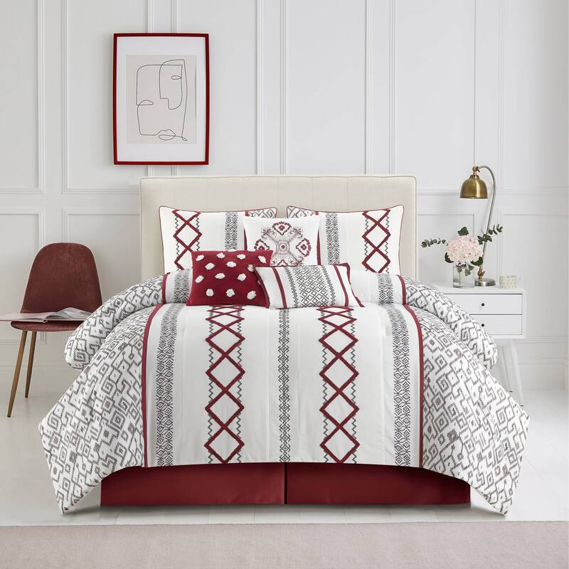 Nanshing Trina Embroidered 7-Piece Comforter Set - White Red - King
