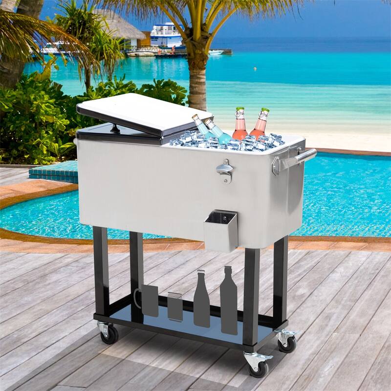 80 Quart Cooler Ice Chest Steel Frame With Wheels And Handles - 35.5" L x 15.25" W x 32.75" H - Grey