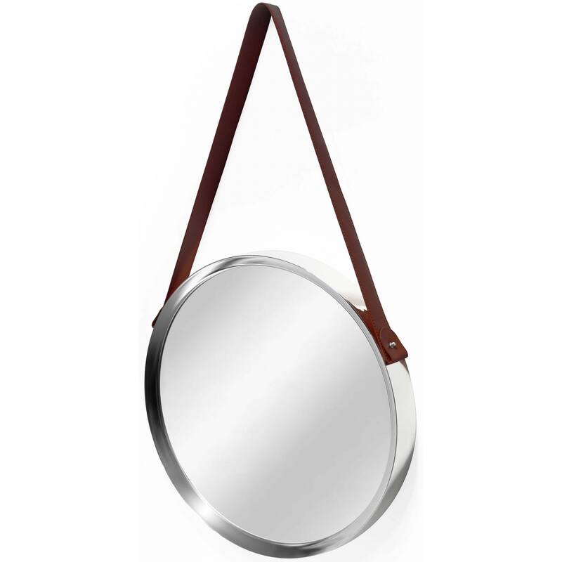 Decorative Silver 18 inch Mirror with Convex Frame and Hanging Strap - 18 x 2 x 18 - 18 x 2 x 18