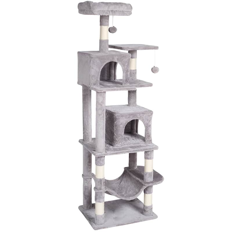 Light Grey Plush 7-Layer Cat Tree with Condos and Hammock Playhouse - Light Grey