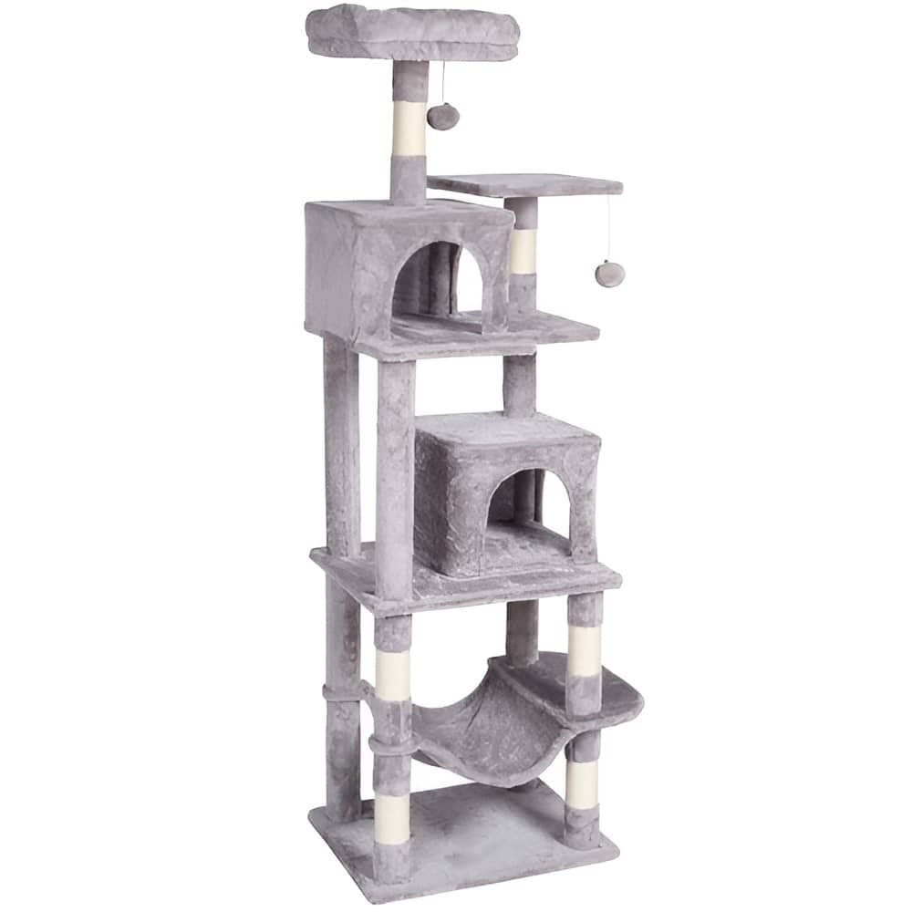 Light Grey Plush 7-Layer Cat Tree with Condos and Hammock Playhouse