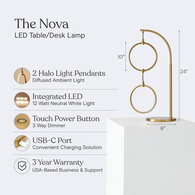 Brightech Nova 24 in. Antique Brass Modern & Contemporary Integrated LED Arc Table Lamp with Built-In 3-Way Dimmer